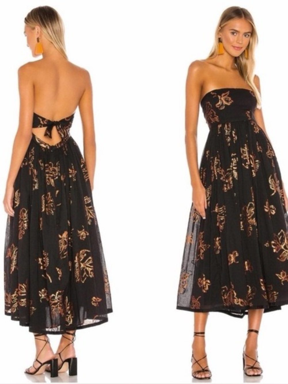 Free People Baja Babe Black Strapless Midi Dress with Copper Floral Print S